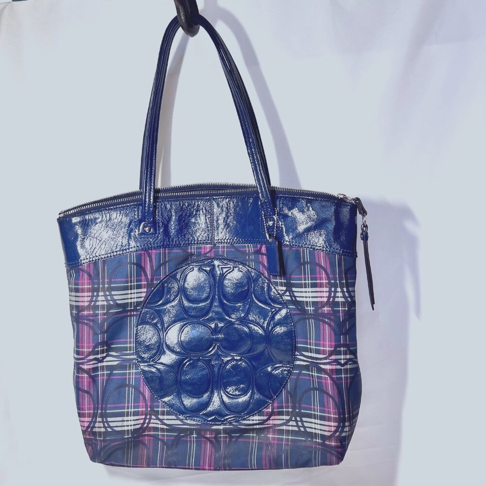 Coach Tote-Plaid-Navy Blue/Pink Mix-G1273-F20109-Large Purse-1 Zip Closure-Light - Picture 1 of 16